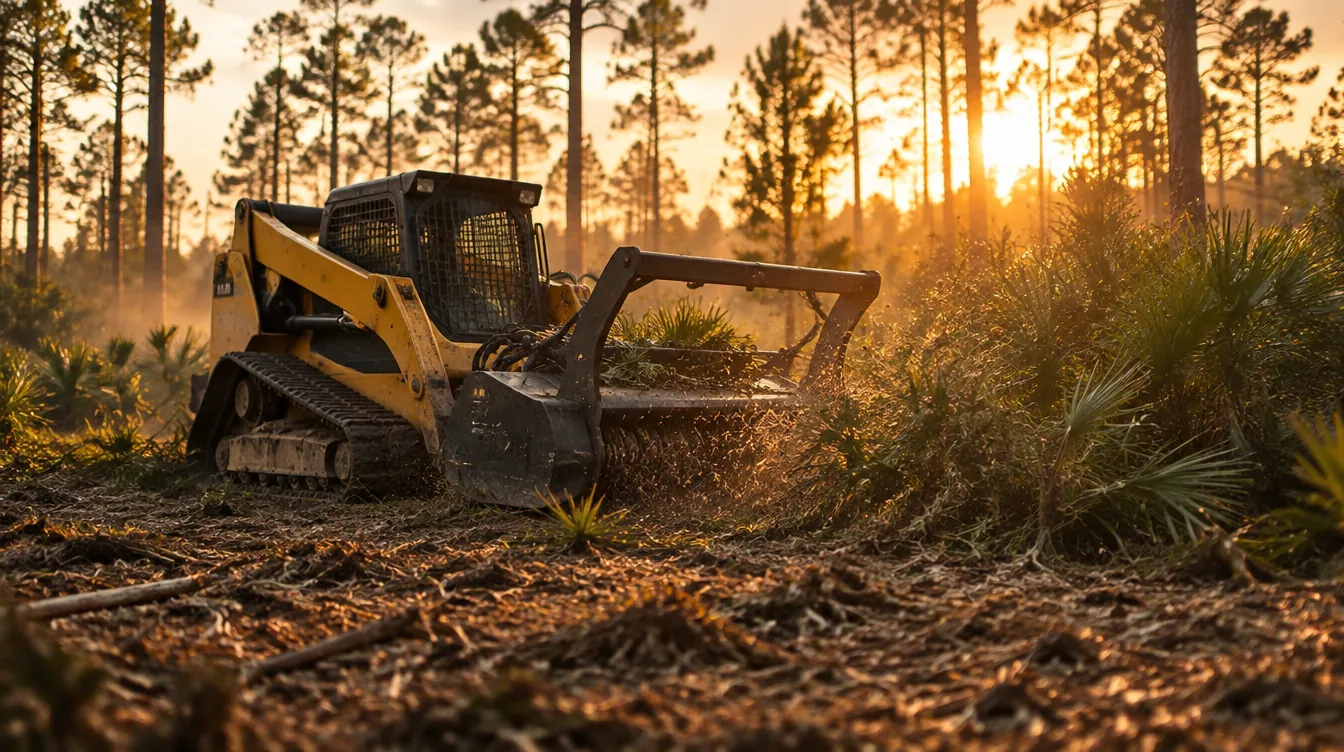 Track loader with a forestry mulcher clearing pine underbrush at sunset